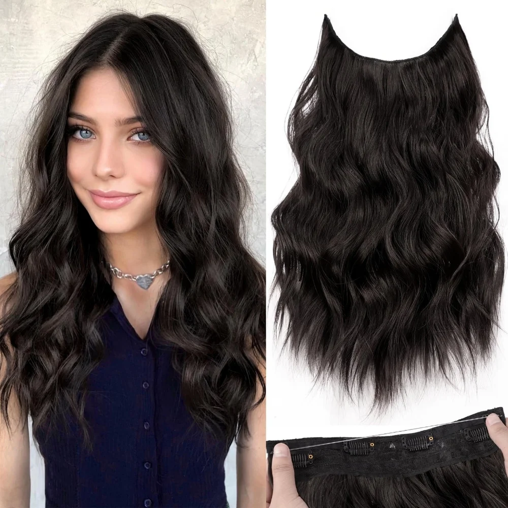 Invisible Wire Clip-In‎ Hair Extension 16” Dark Brown Wavy – Natural Volume